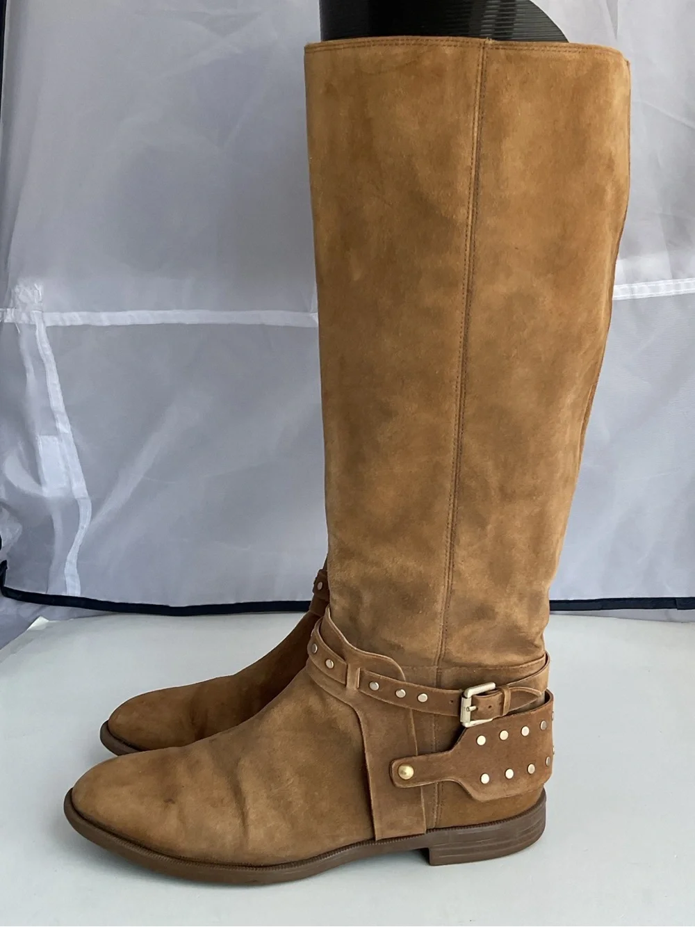 Nine West Luciana Tan Suede Studded Ankle Straps Riding Boots Women’s Size 6.5M